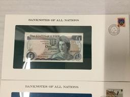 12 Franklin Mint UNC banknotes of all nations with stamps incl. 2x 1995 $2 bills, and more
