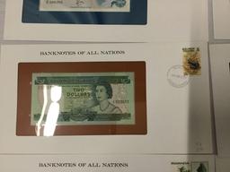 12 Franklin Mint UNC banknotes of all nations with stamps incl. 2x 1995 $2 bills, and more
