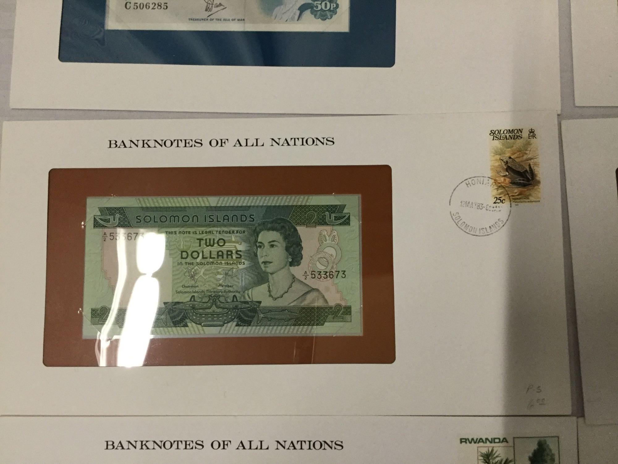 12 Franklin Mint UNC banknotes of all nations with stamps incl. 2x 1995 $2 bills, and more