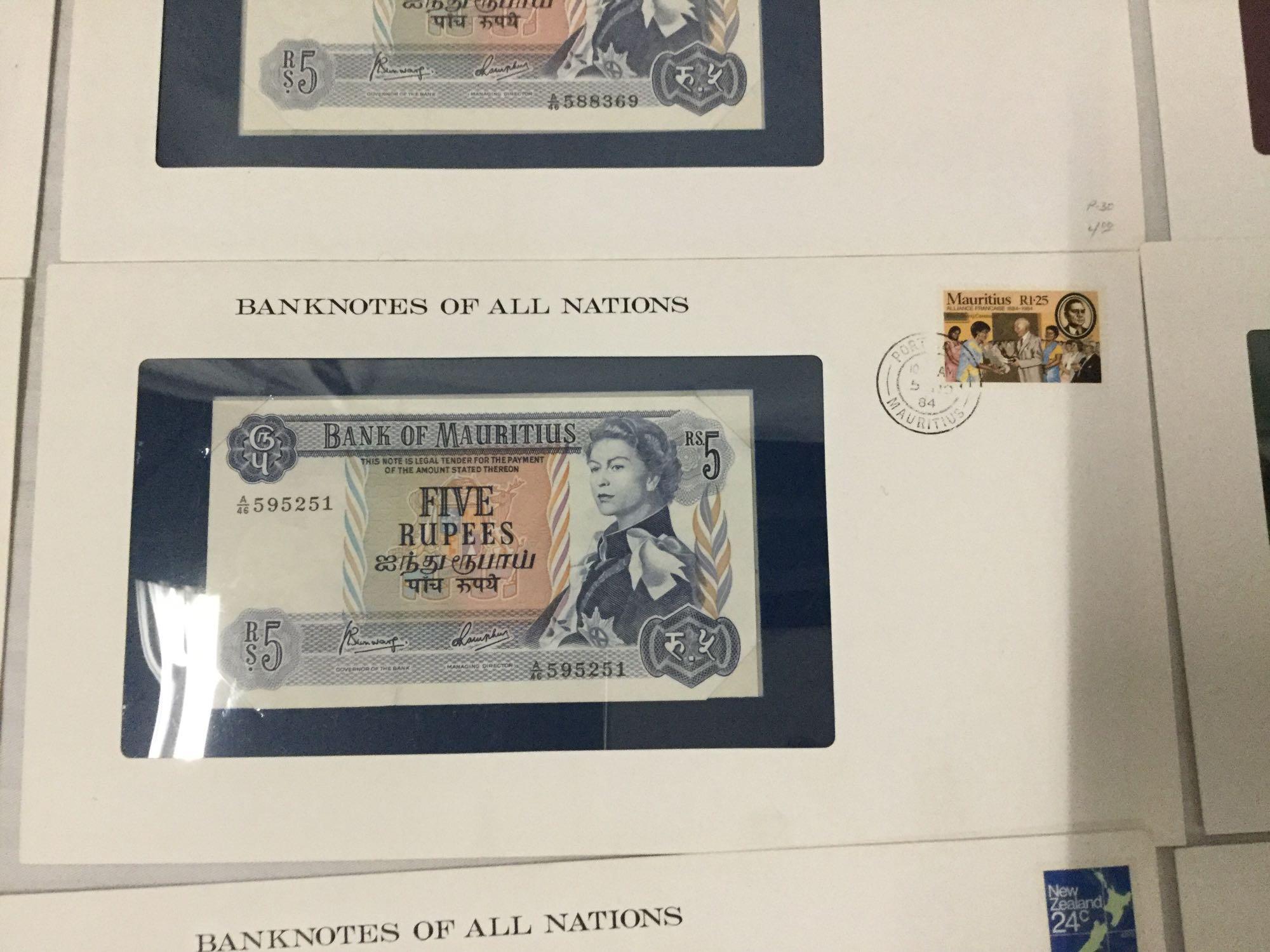 12 Franklin Mint UNC banknotes of all nations with stamps incl. 2x 1995 $2 bills, and more
