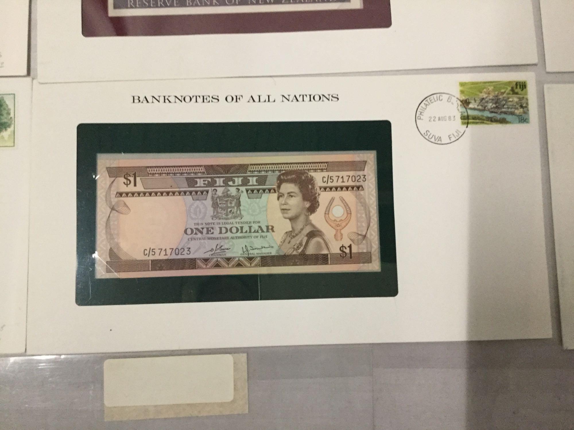 12 Franklin Mint UNC banknotes of all nations with stamps incl. 2x 1995 $2 bills, and more