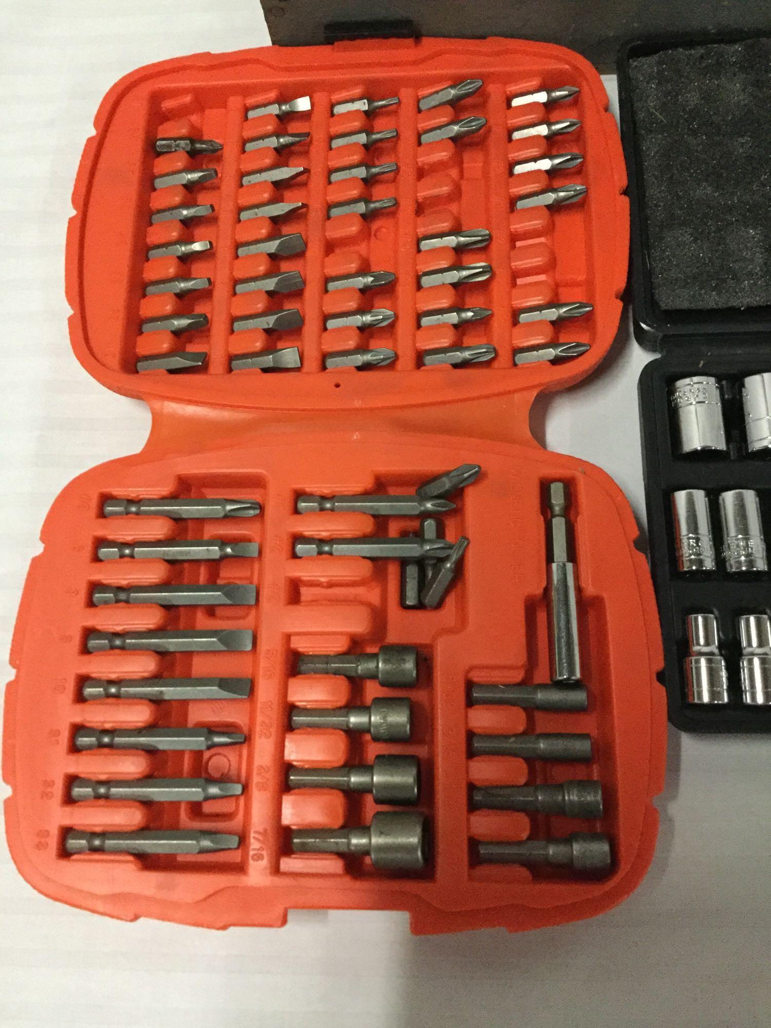 Collection of hand tools, sockets, drill bits sets and a belt sander - see pics