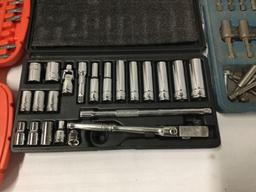 Collection of hand tools, sockets, drill bits sets and a belt sander - see pics