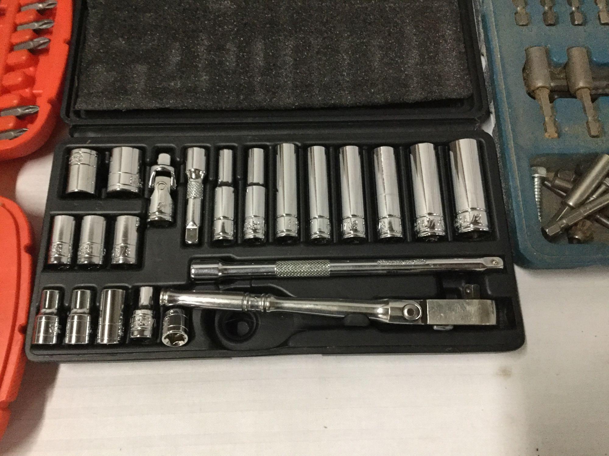 Collection of hand tools, sockets, drill bits sets and a belt sander - see pics