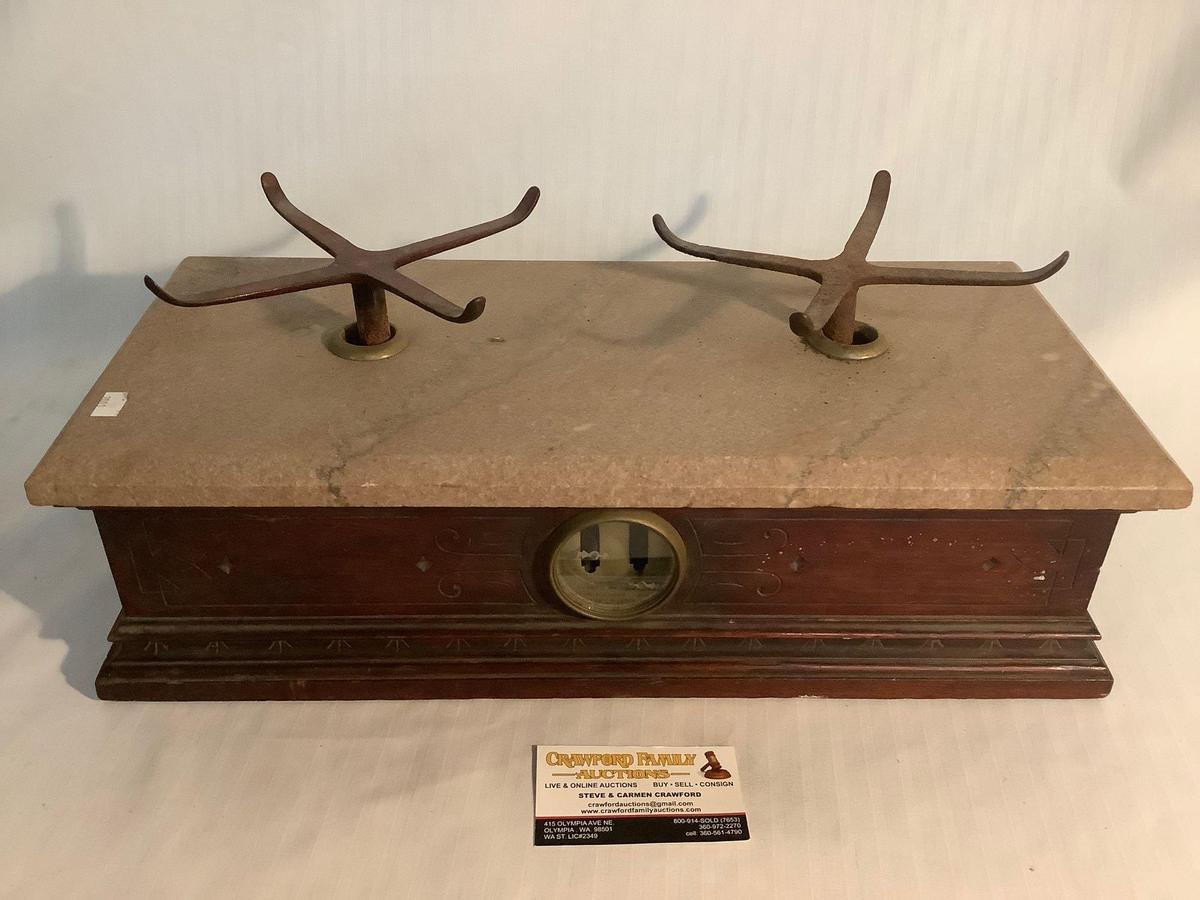 Mid Century mahogany and marble balancing scale with metal tray holders circa 1940 - no bowls