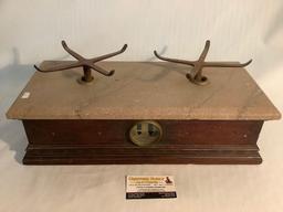 Mid Century mahogany and marble balancing scale with metal tray holders circa 1940 - no bowls