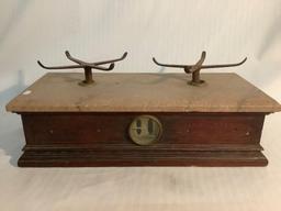 Mid Century mahogany and marble balancing scale with metal tray holders circa 1940 - no bowls