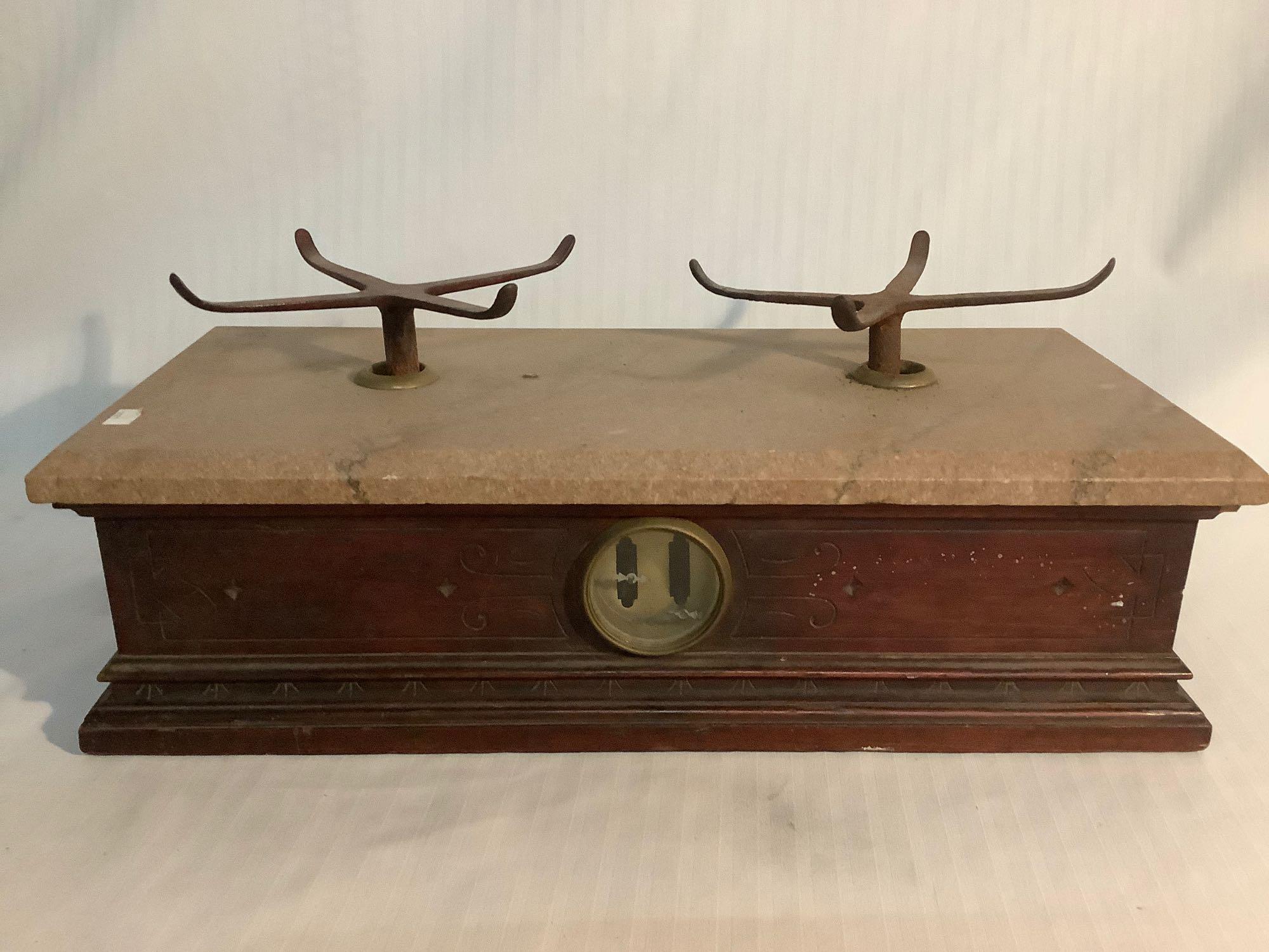Mid Century mahogany and marble balancing scale with metal tray holders circa 1940 - no bowls
