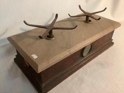 Mid Century mahogany and marble balancing scale with metal tray holders circa 1940 - no bowls
