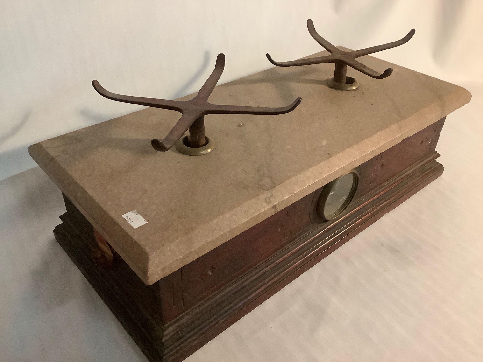 Mid Century mahogany and marble balancing scale with metal tray holders circa 1940 - no bowls