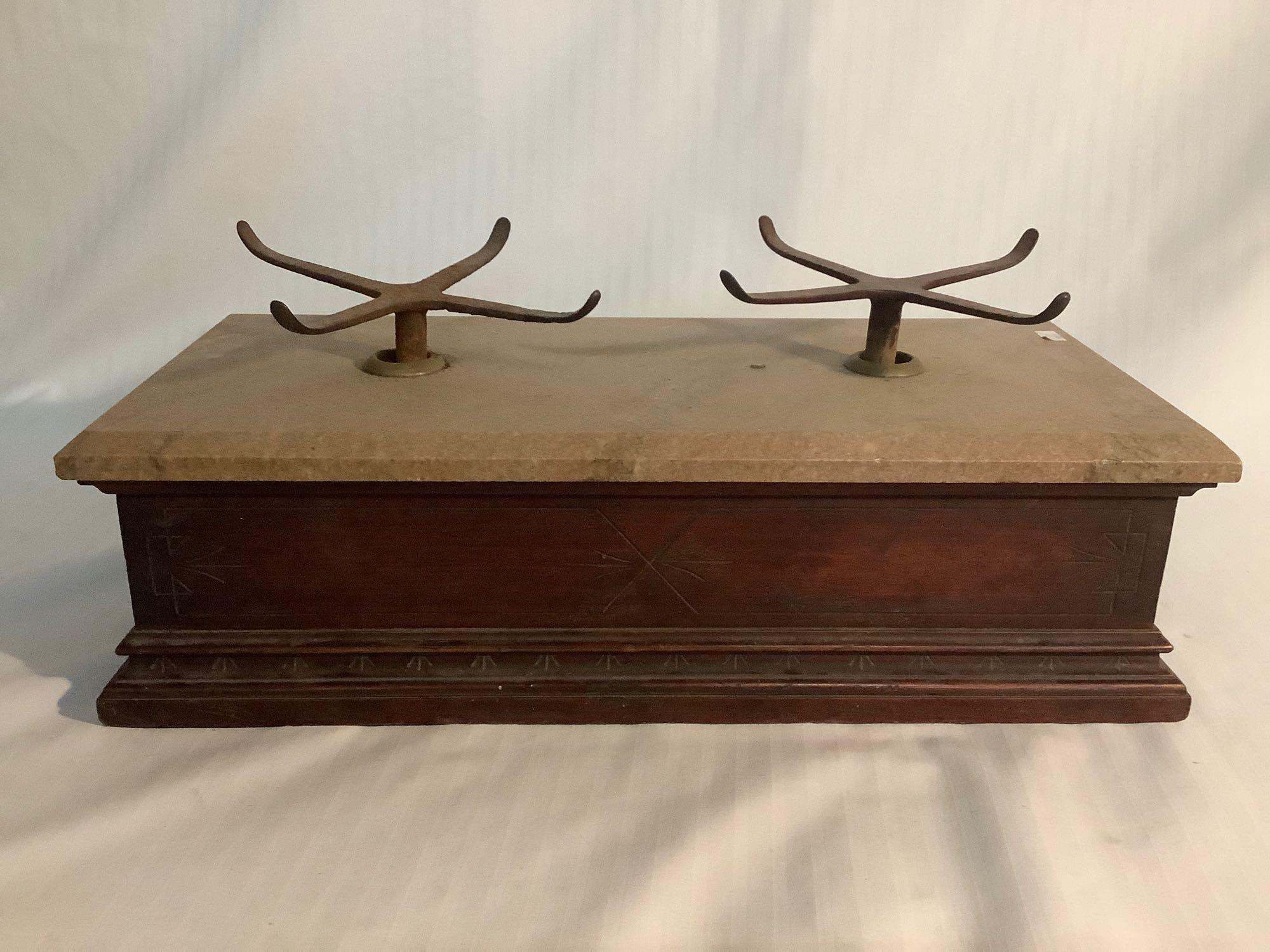 Mid Century mahogany and marble balancing scale with metal tray holders circa 1940 - no bowls