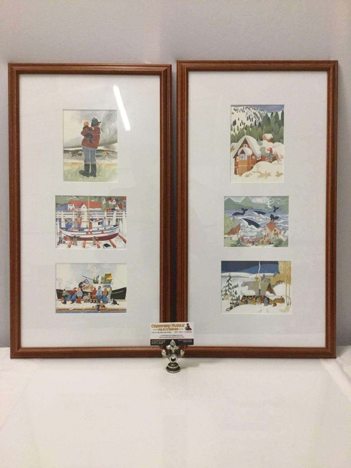 2 frames w/ 6 art prints by Rie Munoz; delightful character folk art, approx. 13.5 x 25 in.