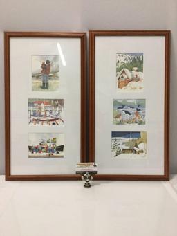 2 frames w/ 6 art prints by Rie Munoz; delightful character folk art, approx. 13.5 x 25 in.