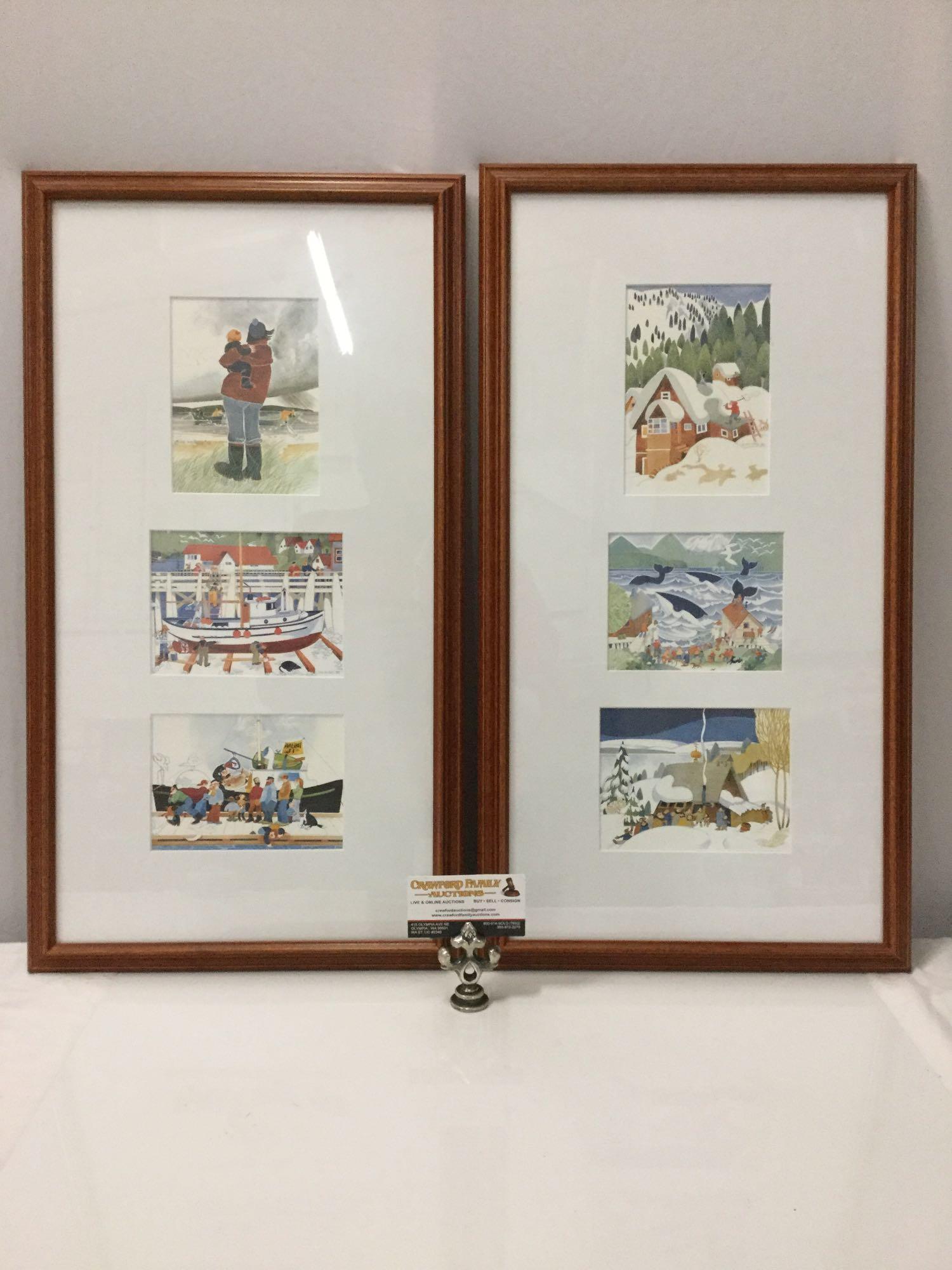 2 frames w/ 6 art prints by Rie Munoz; delightful character folk art, approx. 13.5 x 25 in.