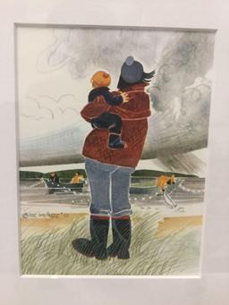 2 frames w/ 6 art prints by Rie Munoz; delightful character folk art, approx. 13.5 x 25 in.