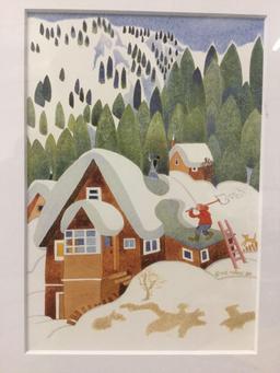 2 frames w/ 6 art prints by Rie Munoz; delightful character folk art, approx. 13.5 x 25 in.
