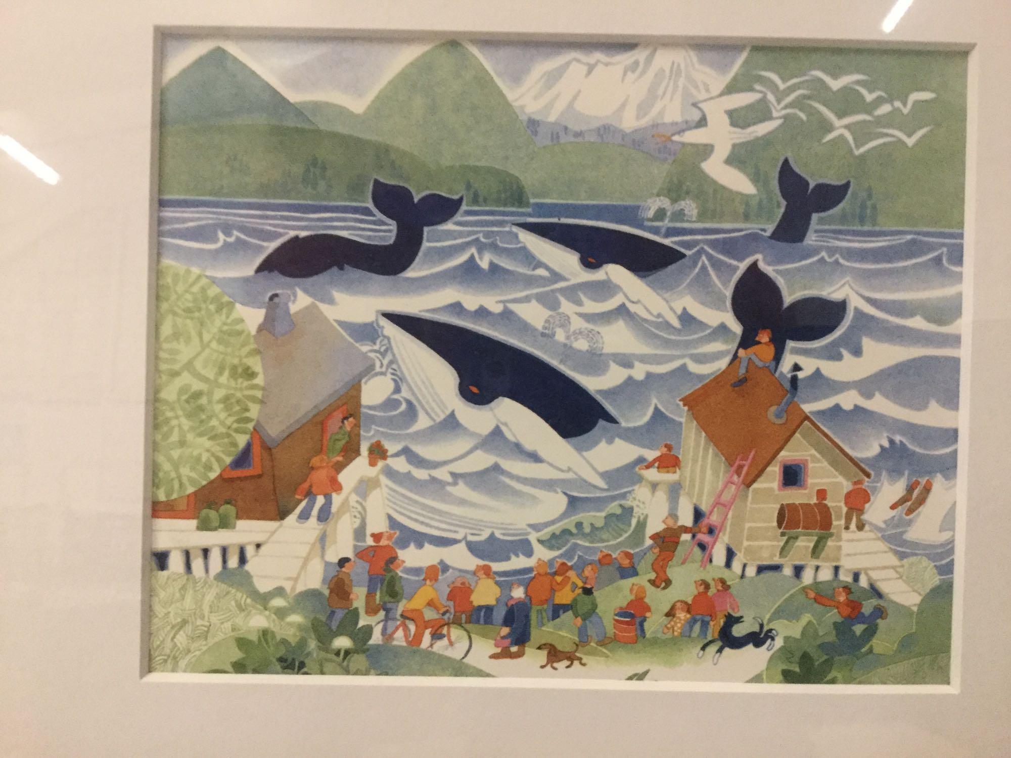 2 frames w/ 6 art prints by Rie Munoz; delightful character folk art, approx. 13.5 x 25 in.