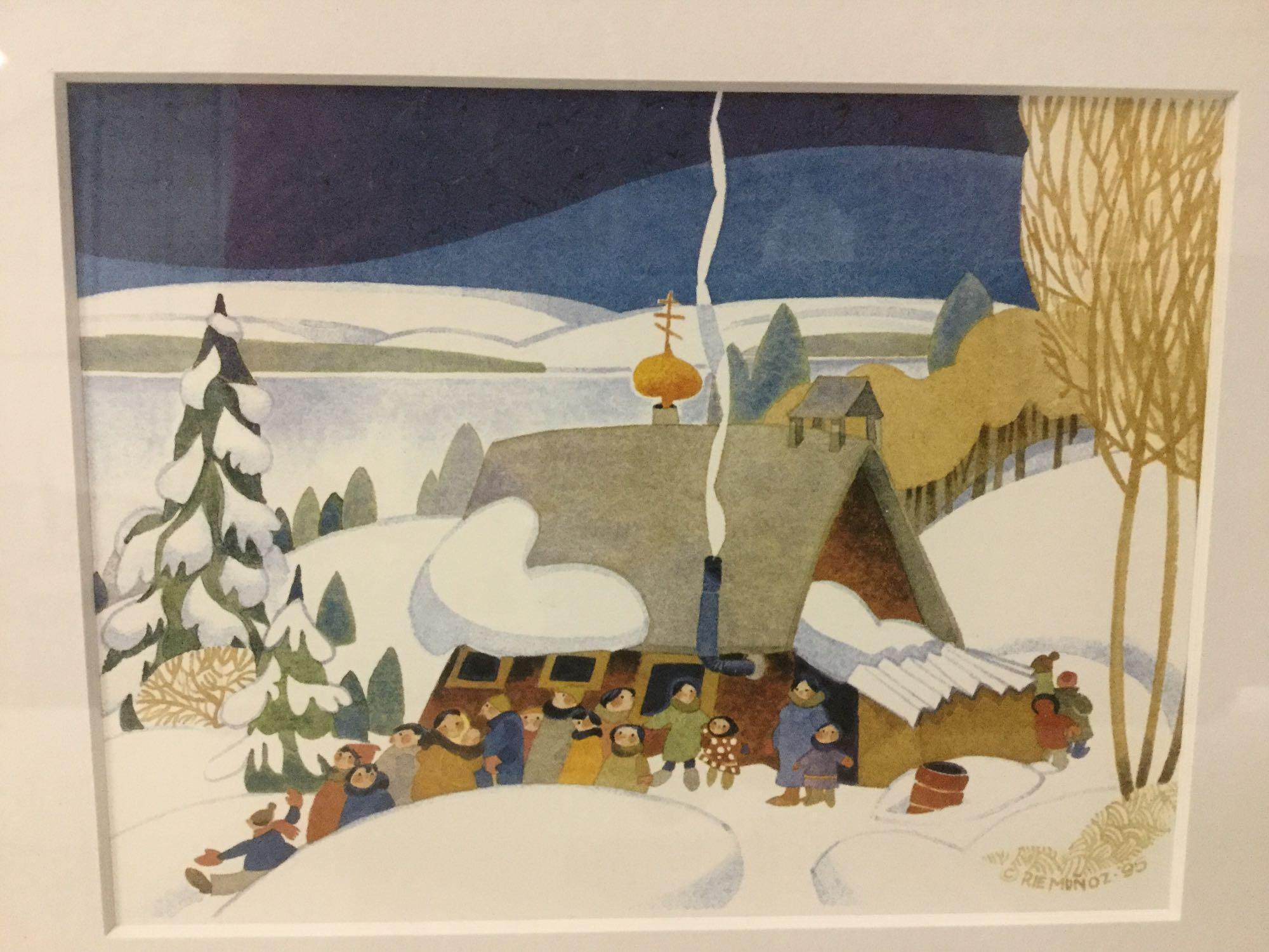 2 frames w/ 6 art prints by Rie Munoz; delightful character folk art, approx. 13.5 x 25 in.