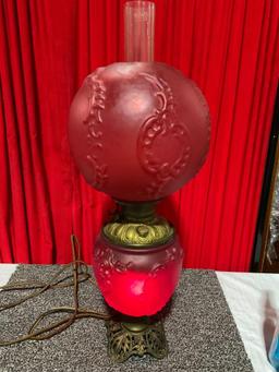 Antique red glass double globe converted kerosene lantern to electric tested & working