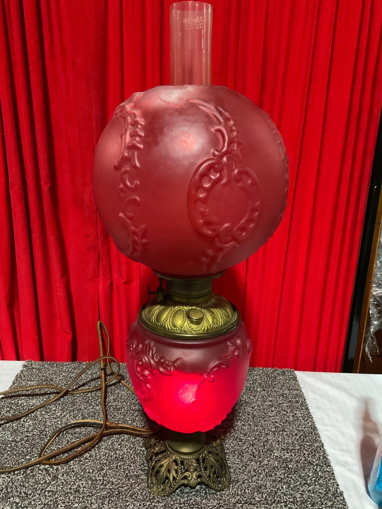 Antique red glass double globe converted kerosene lantern to electric tested & working