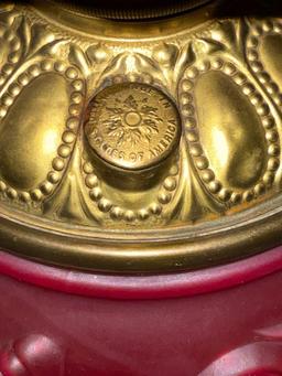 Antique red glass double globe converted kerosene lantern to electric tested & working