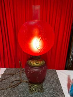 Antique red glass double globe converted kerosene lantern to electric tested & working