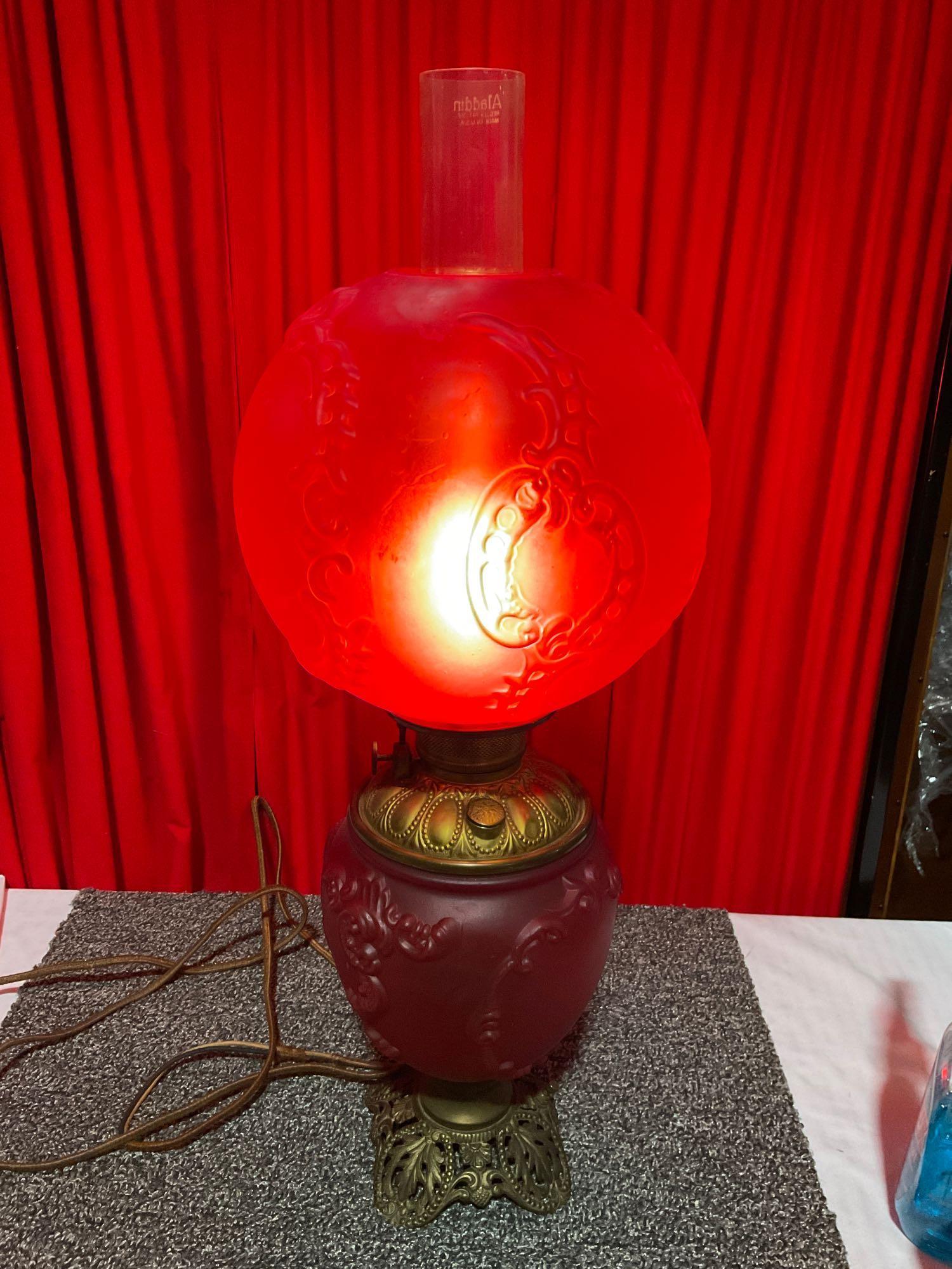 Antique red glass double globe converted kerosene lantern to electric tested & working