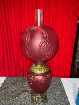 Antique red glass double globe converted kerosene lantern to electric tested & working