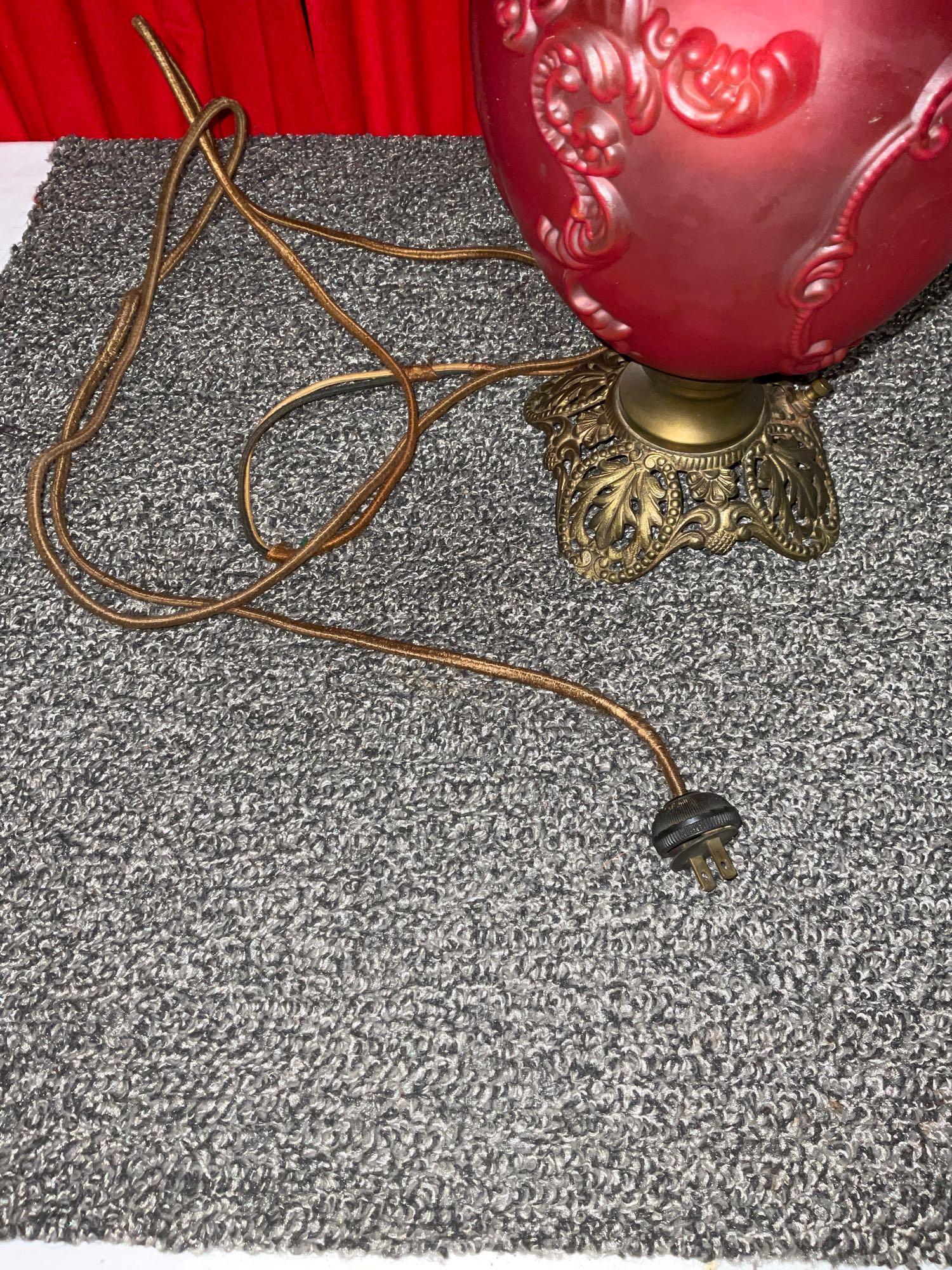 Antique red glass double globe converted kerosene lantern to electric tested & working