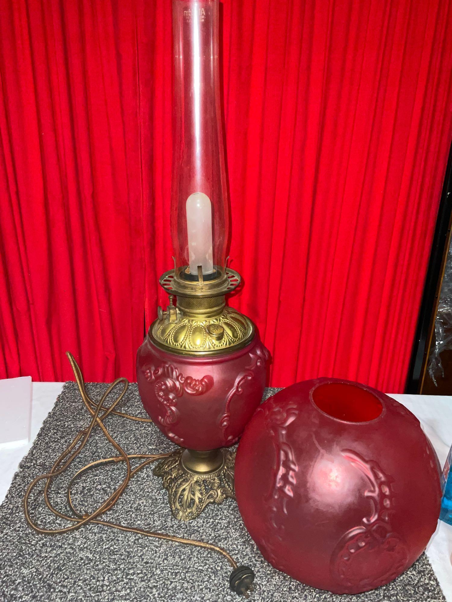 Antique red glass double globe converted kerosene lantern to electric tested & working