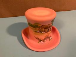 Rare FENTON ART GLASS signed/ hand painted top hat, 200th anniversary of Abraham Lincolns birth