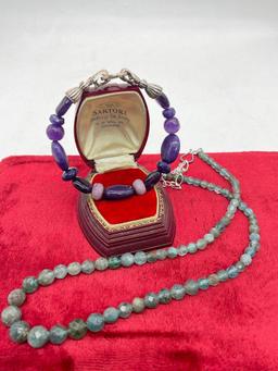 Sterling silver aventurine faceted stone necklace and sterling purple/amethyst bracelet