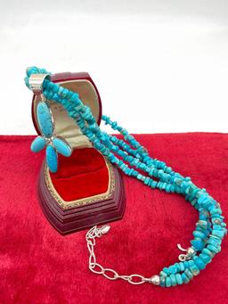 Stunning dual strand turquoise & sterling silver necklace w/ turquoise & sterling pendant