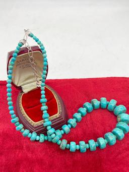 Sterling silver accented turquoise graduating bead necklace with 2 different bead shapes
