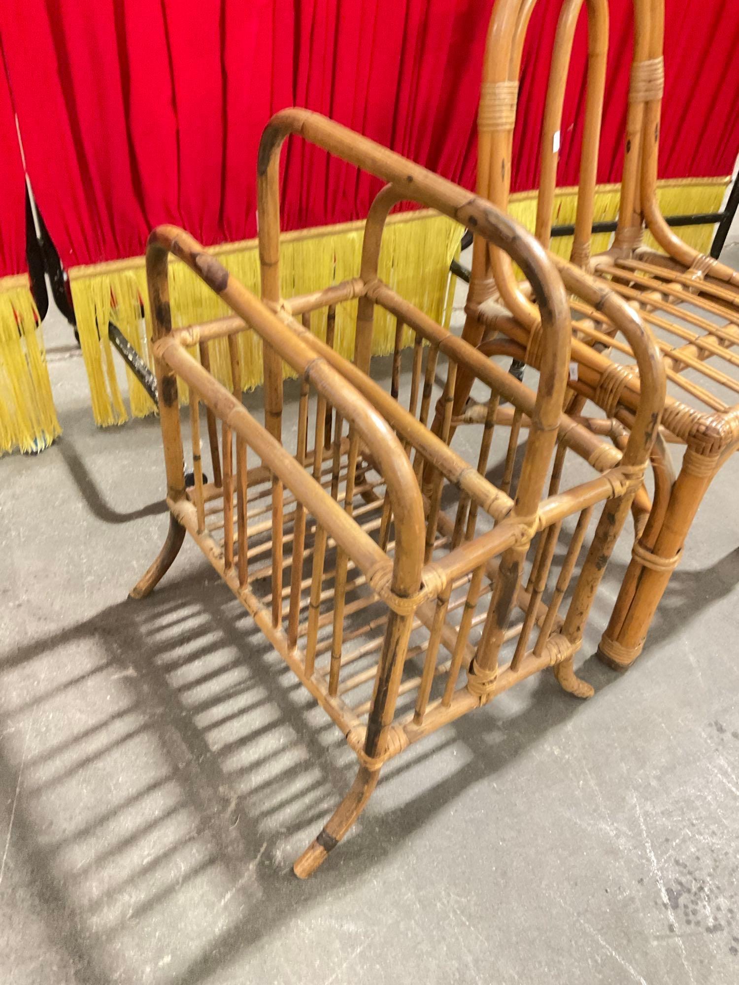 Duo of Mid Century Rattan Magazine Rack & Rattan Children's Chair