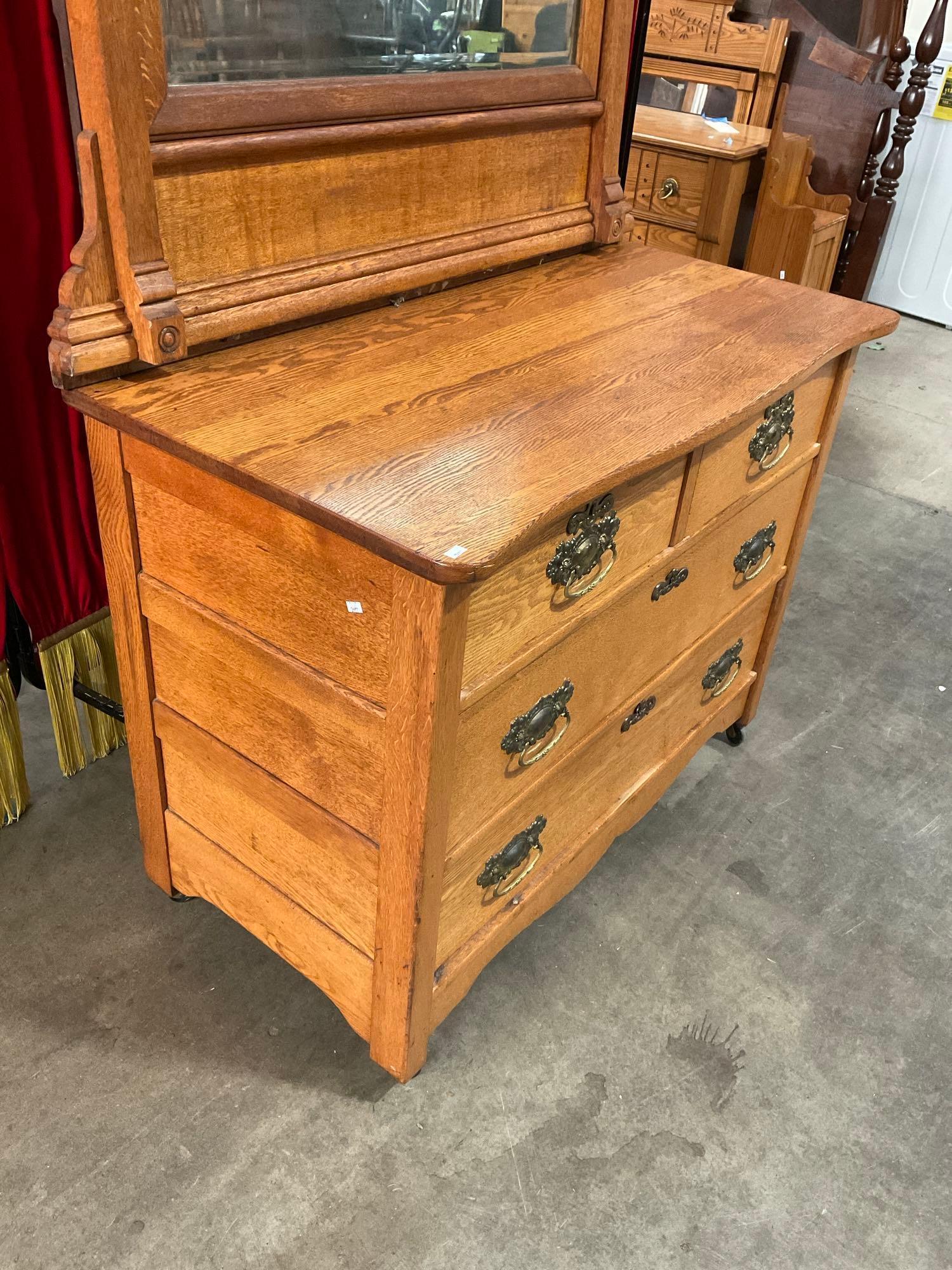 Antique Wheeled Wooden Vanity Dresser w/ Framed Mirror, 4 Drawers, Beautiful Detailing. See pics.