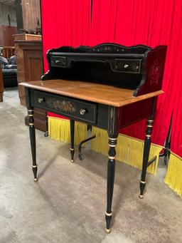 Vintage Ethan Allen Black Painted Wooden Side Desk w/ Floral & Gold Accents & 3 Drawers. See pics.