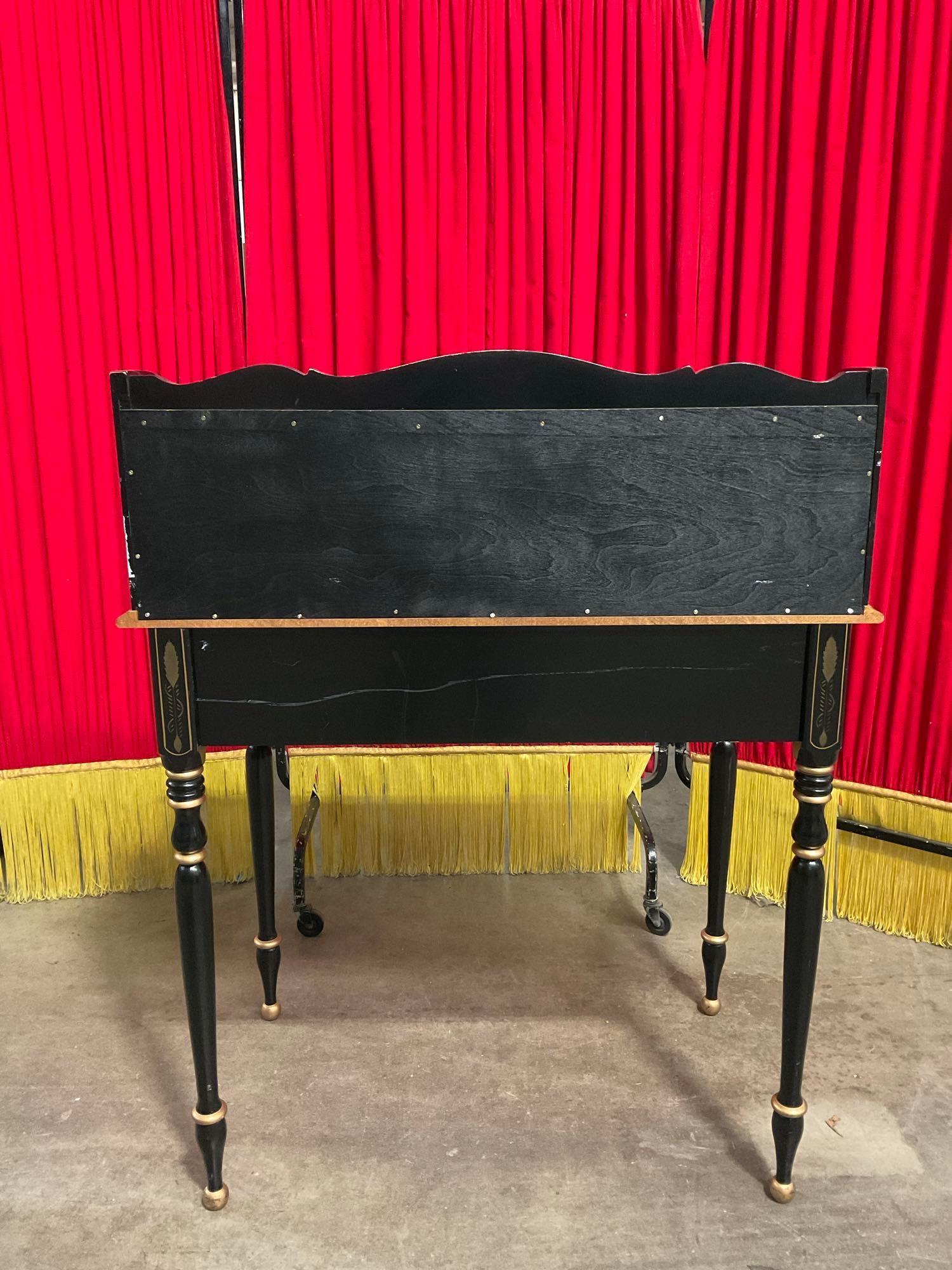Vintage Ethan Allen Black Painted Wooden Side Desk w/ Floral & Gold Accents & 3 Drawers. See pics.