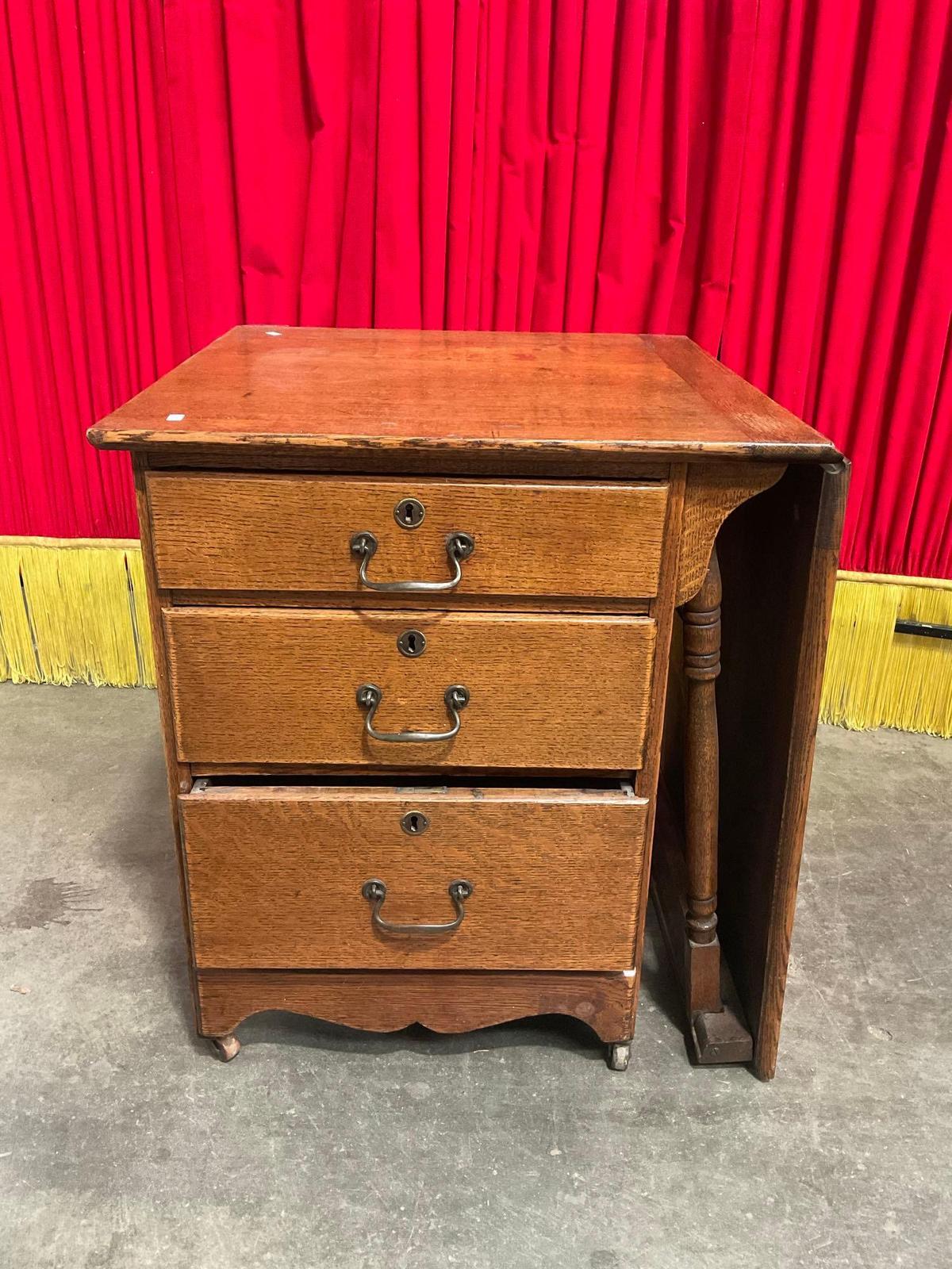 Antique Oak Drop Leaf Wheeled Cabinet w/ 3 Drawers. See pics.