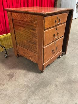 Antique Oak Drop Leaf Wheeled Cabinet w/ 3 Drawers. See pics.