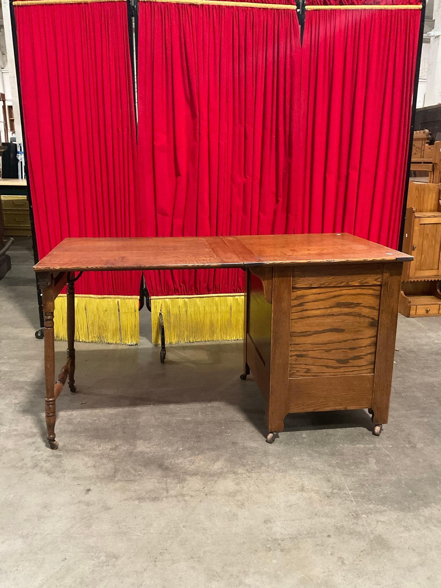 Antique Oak Drop Leaf Wheeled Cabinet w/ 3 Drawers. See pics.