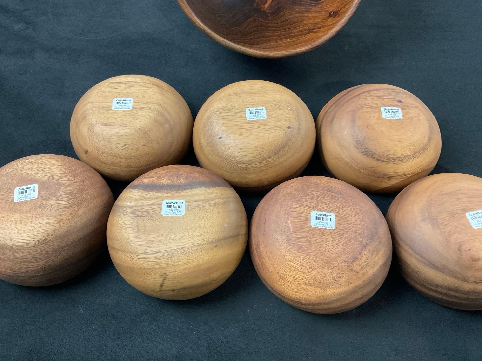 Large Centerpiece Bowl & 7 Crate & Barrel Bowls, Smoothly Sanded Natural Wood