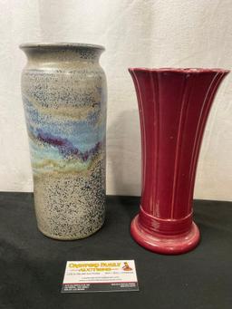 Pair of Vases, 1x Vintage Burgundy Fiestaware & 1x Bruning Pottery