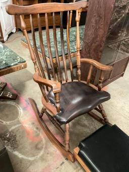 Vintage Doweled Black Leather Rocking Chair w/ Black Leather Ottoman - See pics