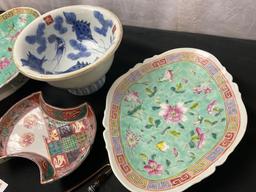 4 Asian Porcelain Pieces, Antique Celadon Glaze, Japanese Imari Bowl & Plate