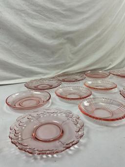 14 pcs Vintage Pink Depression Glass Small Plate Assortment. See pics.