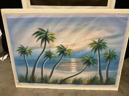 Pair of Painted Canvases on board, Still Life w/ Fruit & Beach Scene with Palm Trees