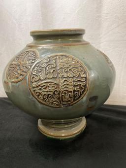 Vintage Chinese Stoneware Jar, w/ Large Seals pressed in the sides, moss green