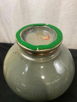Vintage Chinese Stoneware Jar, w/ Large Seals pressed in the sides, moss green