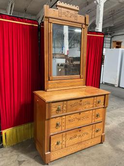 Vintage Wooden Rolling Vanity w/ Mirror, 3 Drawers & Beautiful Wood Detailing. See pics.